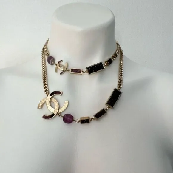 Chanel Y2K Gold Metal and Amethyst Curb Link Necklace Authentic - Picture 9 of 16